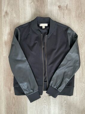 Black Bomber Jacket with Faux Leather Sleeves